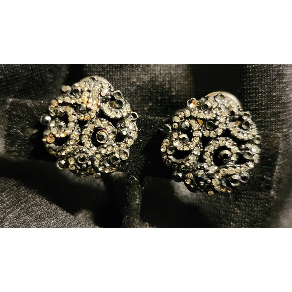 VTG St. John Gunmetal Crystal Swirl Clip On Earrings  Designer Jewelry *READ